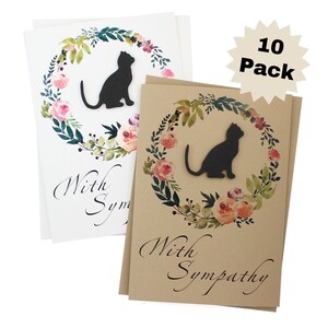 Lot de 10 cartes de sympathie pour une couronne florale de chat | Message de condoléances pour animaux de compagnie fait main 5 x 7 | Blanc ou brun kraft | Choisissez Intérieur | Aquarelle