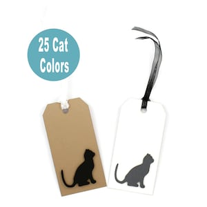 Étiquettes-cadeaux pour chat | Étiquettes faites main pour tous les jours pour animaux de compagnie, lot de 6 | 25 couleurs de chat | 6 options de ficelle ruban | Blanc ou brun kraft | Papier d'emballage