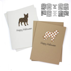 Lot de 10 cartes Halloween chien | Plus de 200 races de chiens au choix | Motif bonbons au maïs ou citrouille | Blanc à l'intérieur | Base kraft brun ou blanc