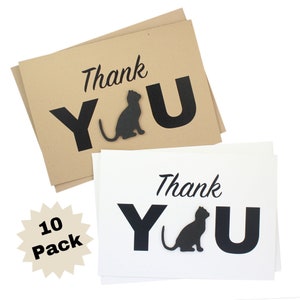 Lot de 10 cartes de remerciement chat | Silhouette de chat fait main 5 x 7 cartes de vœux | blanc ou brun kraft avec enveloppe | Blanc cadeau pour amoureux des animaux