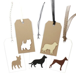Étiquette-cadeau silhouette de race de chien, couleur personnalisée, emballage cadeau pour animal de compagnie, étiquettes de vacances faites main kraft marron blanc, amoureux des chiens, ruban pour étiquettes en papier sur le thème des animaux de compagnie