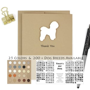 Lot de 10 cartes de remerciement pour chien | Plus de 200 races de chiens au choix | 25 couleurs de chien disponibles | Fait main pour animal de compagnie, choisissez l'intérieur avec des enveloppes kraft