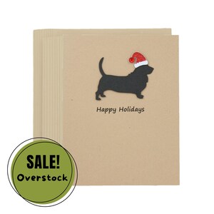 Lot de 10 cartes de Noël Basset Hound | Silhouette de chien noir faite main pour les fêtes de fin d'année | Cartes de correspondance scintillantes pour animaux de compagnie, bonnet de père Noël, kraft brun