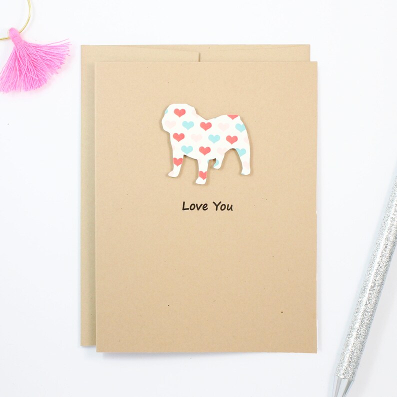 Dog Valentine Notecard Kraft Brown with Envelope Bulldog Valentines Card Colorful Heart Pattern Pet Valentines Day