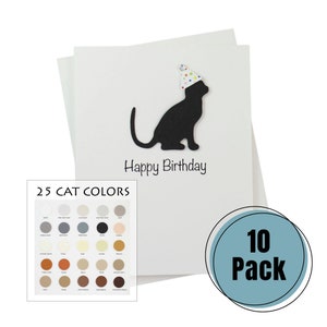 Cat Birthday Cards 10 Pack White Base | Handmade 25 Cat Colors Available | Cat with Party Hat Notecards | Choose Inside Phrase | Greeting