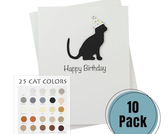 Cat Birthday Cards 10 Pack White Base | Handmade 25 Cat Colors Available | Cat with Party Hat Notecards | Choose Inside Phrase | Greeting