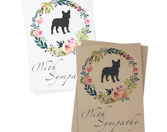 French Bulldog Floral Wreath Sympathy Card | Handmade Frenchie Dog 5x7 Pet Condolences Greeting | White or Brown Choose Inside | Watercolor