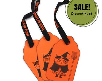 Owl Witch Halloween Gift Tag - Orange Cardstock, Trick or Treat Ribbon (Pack of 3)