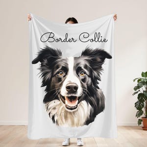 Border Collie Velveteen Plush Blanket with White Background - 3 Sizes available cozy throw dog lover - Pet mom gift - Herding Dog