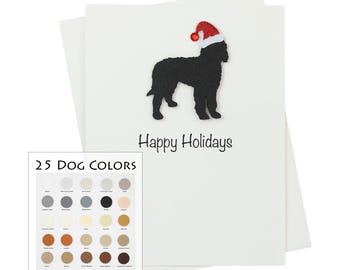 May include: A white card with a black silhouette of a dog wearing a red Santa hat. The text "Happy Holidays" is printed below the dog. A color chart with 25 different dog colors is shown in the lower left corner.