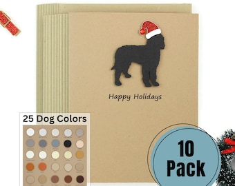 May include: A pack of 10 blank kraft paper Christmas cards featuring a black silhouette of a dog wearing a red Santa hat. The text "Happy Holidays" is printed on the card. A color chart of 25 dog colors is shown in the lower left corner.