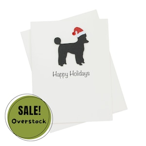 Schwarzer Pudel Sporting Clip Weihnachtskarten 10er Pack Weiße Basis | Handgemachte Hunde Postkarten Set | Glitzernde Nikolausmütze Gruß