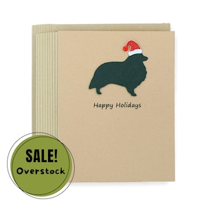 Lot de 10 cartes de Noël Shetland Sheepdog | Sheltie des fêtes fait main avec silhouette de chien noir | Cartes de correspondance scintillantes pour animaux de compagnie, bonnet de père Noël, kraft brun