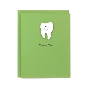 Primary Green Tooth Single Thank You Notecard | Handmade Dentist Greeting Card | Tooth with Smile | Choose Front and Inside Phrases | Dental