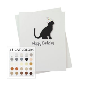 Cat Birthday Card White Base | Handmade 25 Cat Colors Notecard | Confetti Party Hat | Choose Inside Phrase | Greeting Single Envelope