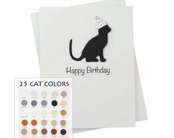 Cat Birthday Card White Base | Handmade 25 Cat Colors Notecard | Confetti Party Hat | Choose Inside Phrase | Greeting Single Envelope