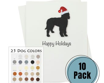 May include: A pack of 10 blank greeting cards featuring a black silhouette of a dog wearing a red Santa hat. The cards say "Happy Holidays" and come with 25 color options for the dog silhouette.