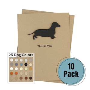 Lot de 10 cartes de remerciement teckel à poil lisse | Cartes de voeux faites main pour chien | 25 couleurs de chien disponibles | Choisissez la phrase intérieure Weiner Dog