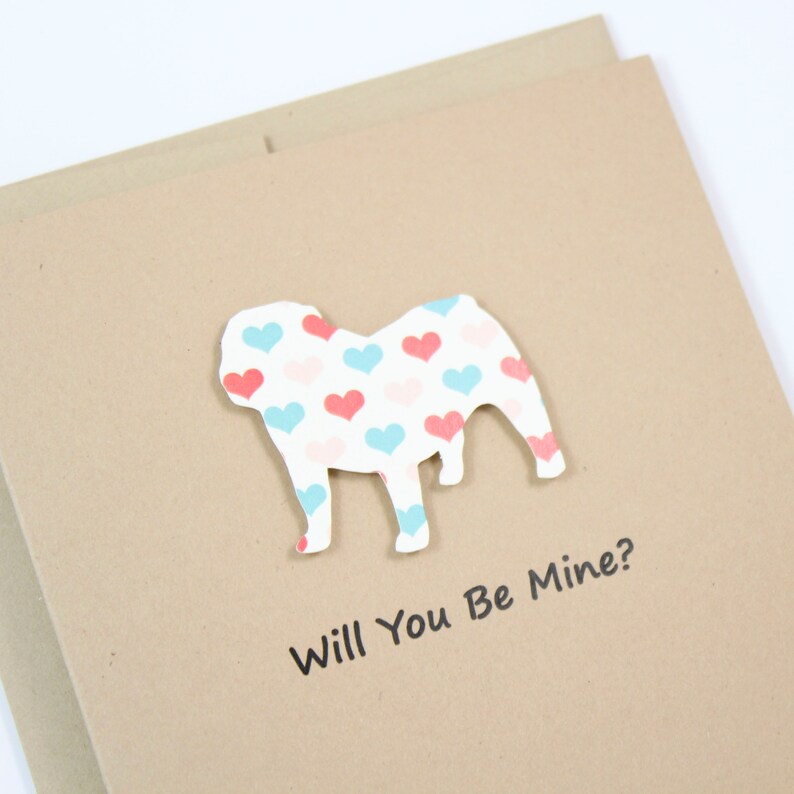 Dog Valentine Notecard Kraft Brown with Envelope Bulldog Valentines Card Colorful Heart Pattern Pet Valentines Day