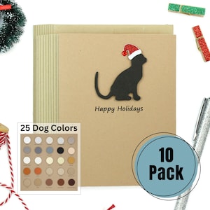 Paquete de 10 tarjetas de felicitación navideñas con silueta de gato, notas con gatito en color personalizado, gorro de Papá Noel brillante, sobres marrón Kraft hechos a mano para amantes de las mascotas