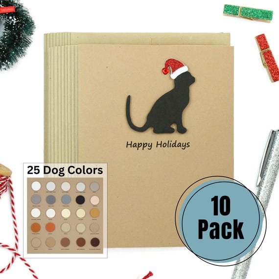 Cat Christmas Card 10 Pack: Sparkly Santa Hat, Kraft Brown Envelopes