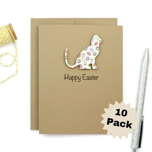 Cartes de correspondance de Pâques chat | Paquet de 10 cartes | Motif coloré d'oeufs de Pâques | Cartes de voeux chat | Enveloppes kraft brunes faites main | Amoureux des chats