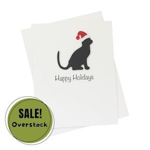Lot de 10 cartes de vœux chat noir sur fond blanc | Ensemble de cartes de correspondance fait main Kitty pour les Fêtes | Bonnet de Noel scintillant pour animal de compagnie avec enveloppes