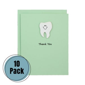 Lot de 10 cartes de remerciement dent vert pastel | Cartes de voeux faites main de dentiste | Dent avec le sourire | Choisissez les phrases à l'avant et à l'intérieur