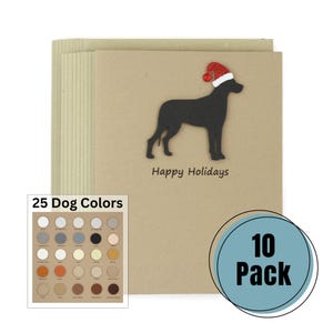 Lot de 10 cartes de vœux de Noël Great Dane | 25 couleurs de chien avec un bonnet de Noel scintillant | Cartes pour notes de vacances Expression personnalisée à l'intérieur | Brun kraft