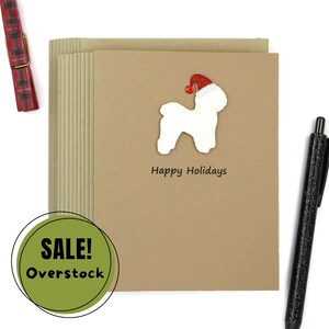 Lot de 10 cartes de Noël bichon frisé | Silhouette de chien blanc fait main pour les fêtes de fin d'année | Cartes de correspondance scintillantes pour animaux de compagnie, bonnet de père Noël, kraft brun