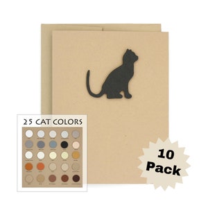 Pacote de cartões de nota em branco para gatos com 10 | Cartões feitos à mão para gatos | 25 cores de gato disponíveis | Em branco dentro | Cartões de Notas Gato Kraft Marrom