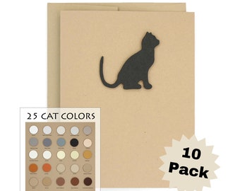 Cat Blank Notecards Pack of 10 | Handmade Cat Greeting Cards | 25 Cat Colors Available | Blank Inside | Cat Notecards Kraft Brown