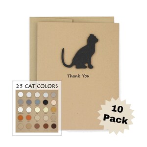 Kattenbedankkaarten, set van 10 | Handgemaakte kattenwenskaarten | Pas de kleur van het huisdier en de binnenzin aan | Notecard kraft bruine envelop