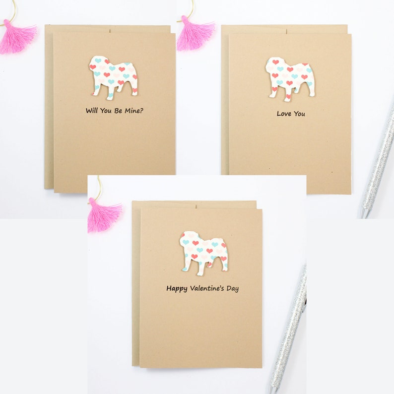 Dog Valentine Notecard Kraft Brown with Envelope Bulldog Valentines Card Colorful Heart Pattern Pet Valentines Day