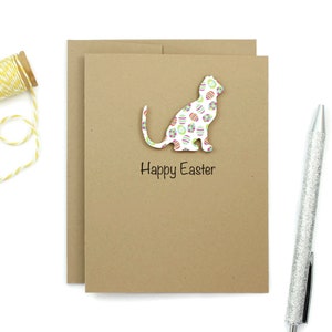 Tarjeta de felicitación de Pascua con diseño de gato / Tarjeta de felicitación individual / Patrón de huevo de Pascua colorido / Tarjetas de felicitación con diseño de gato / Sobres de papel kraft marrón hechos a mano / Amante de los gatos