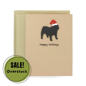 Lot de 10 cartes de Noël bouledogue noir | pour les Fêtes fait main de chien bouledogue anglais | Bonnet de Père Noël scintillant pour animal de compagnie Kraft marron avec enveloppes