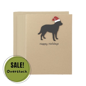 Lot de 10 cartes de Noël Mastiff | Silhouette de chien noir faite main pour les fêtes de fin d'année | Cartes de correspondance scintillantes pour animaux de compagnie, bonnet de père Noël, kraft brun