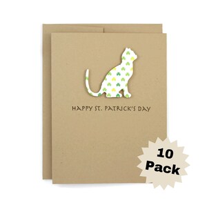pour la Saint-Patrick de chat | Paquet de 10 cartes | Motif trèfle coloré | Silhouette de chat - Cartes de vœux | Enveloppes brunes kraft faites main
