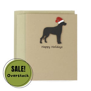Lot de 10 cartes de vœux de Noël Great Dane | de Noël fait main chien noir | Bonnet de Père Noël scintillant marron kraft avec enveloppes