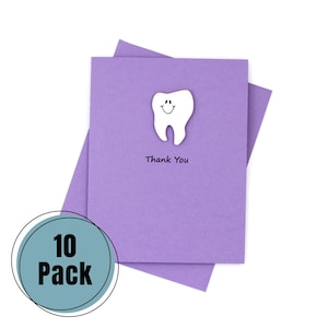 Lot de 10 cartes de remerciement dent violet | Cartes de voeux faites main de dentiste | Sourire dentaire | Choisissez les phrases à l'avant et à l'intérieur | Cadeau dentiste