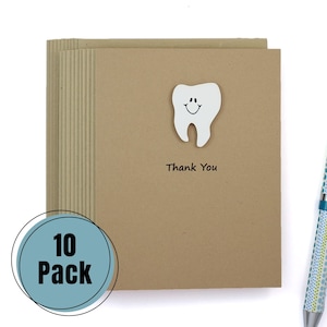 Paquet de 10 cartes de remerciement Kraft Brown Dent | Cartes de voeux faites main de dentiste | Dent avec le sourire | Choisissez la façade et l'intérieur | Cadeau dentiste