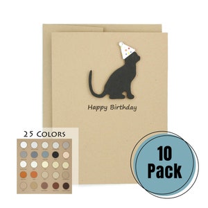 Cat Birthday Cards 10 Pack | Handmade 25 Cat Colors Available | Cat with Party Hat Notecards | Choose Inside Phrase | Custom Greeting Cards