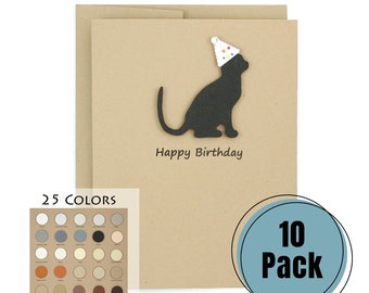 Cat Birthday Cards 10 Pack | Handmade 25 Cat Colors Available | Cat with Party Hat Notecards | Choose Inside Phrase | Custom Greeting Cards