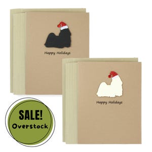 Cartes de Noël Shih Tzu - Lhassa Apso, lot de 10 | pour les Fêtes pour animaux de compagnie | Carte de voeux crème noire pour chien avec bonnet de Noel | Brun kraft