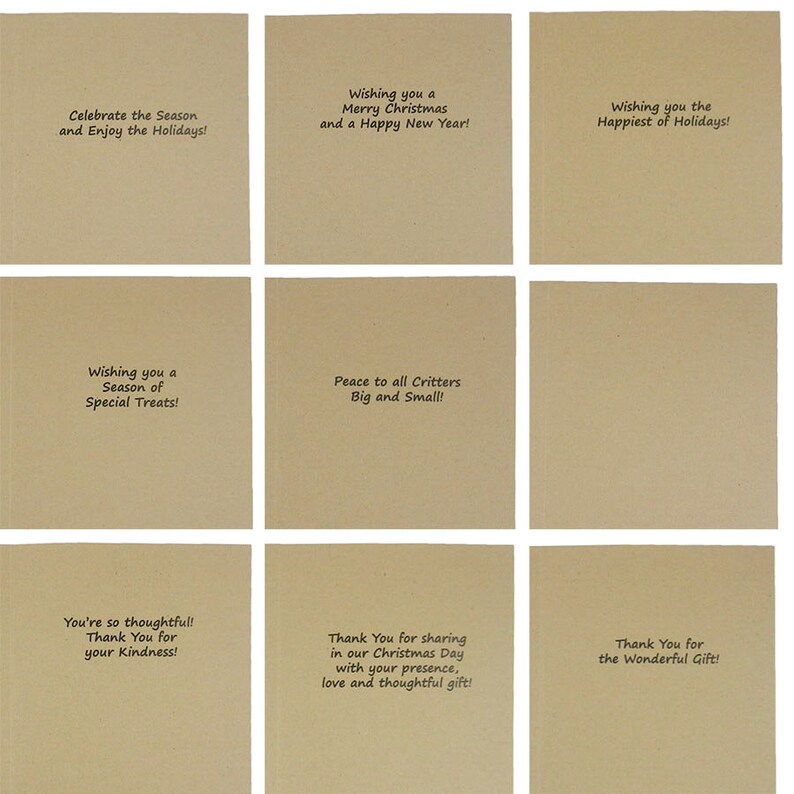 May include: Nine square greeting cards with various holiday messages printed in black on a tan background. Messages include "Celebrate the Season," "Merry Christmas," "Happiest of Holidays," and "Thank You." Ideal for holiday greetings.