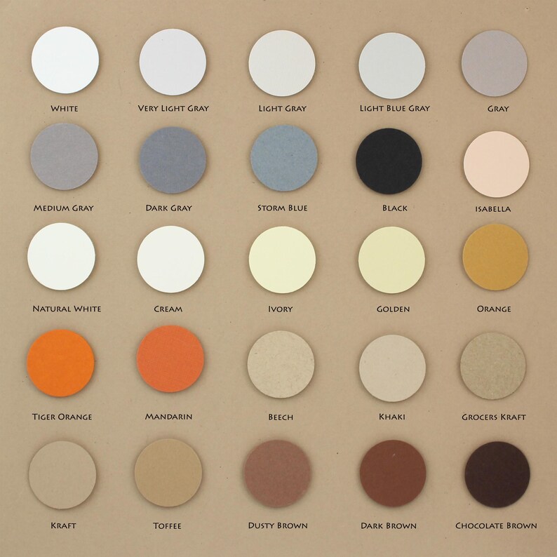 May include: A color palette featuring 25 circular swatches in various shades. Colors range from white and gray to black, orange, and brown. Each swatch is labeled with its corresponding color name, such as "White," "Storm Blue," and "Chocolate Brown."