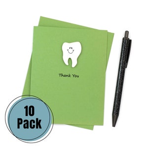 Primary Green Tooth Thank You 10 Pack Notecards | Handmade Dentist Greeting Cards | Tooth with Smile | Choose Front and Inside Phrases
