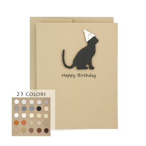 Cat Birthday Card | Handmade 25 Cat Colors Notecard | Confetti Party Hat | Choose Inside Phrase | Kraft Brown Greeting Single Envelope