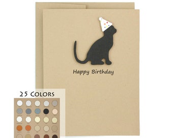 Cat Birthday Card Handmade | Laser Die-Cut Kitty Silhouette with Party Hat | 25 Cat Colors
