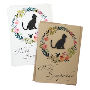 Katzen Blumenkranz Beileid Karte | Handmade 5x7 Haustier Beileid Gruß | Weiß oder Kraft Braun | Wähle Innen | Aquarell Kranz